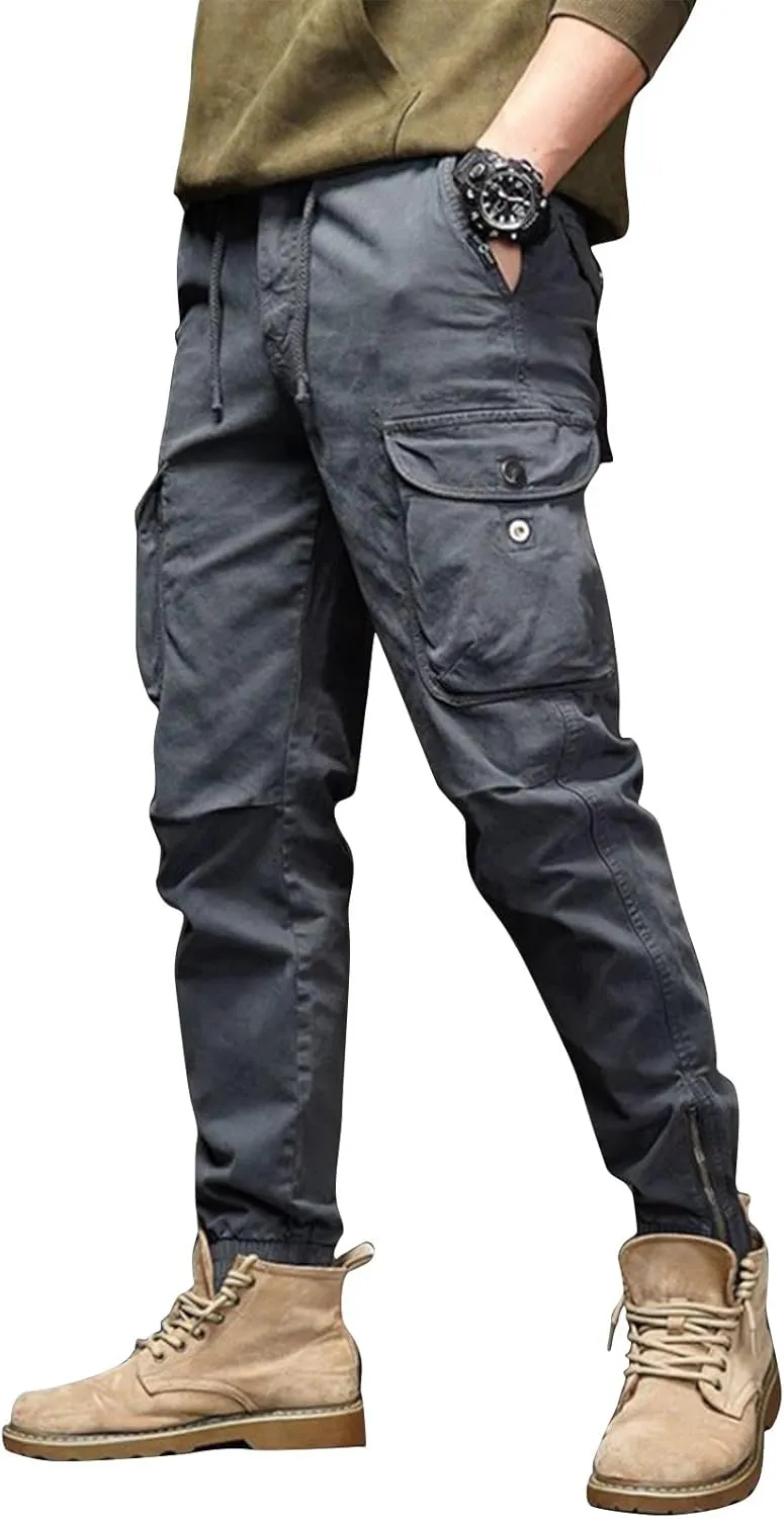 Men's Workout Elastic Waist Tactical Cargo Pants Lightweight Straight Casual Work Pants