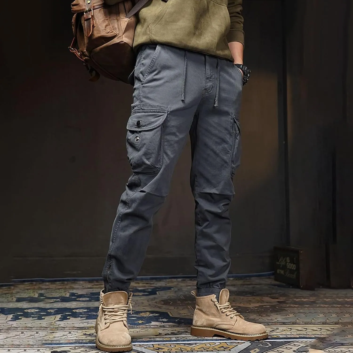 Men's Workout Elastic Waist Tactical Cargo Pants Lightweight Straight Casual Work Pants