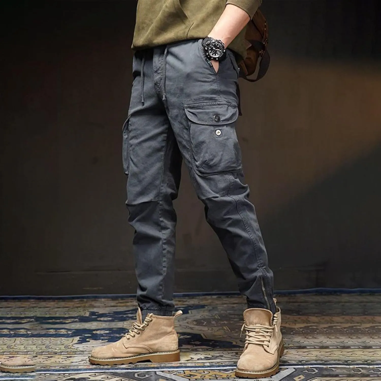 Men's Workout Elastic Waist Tactical Cargo Pants Lightweight Straight Casual Work Pants