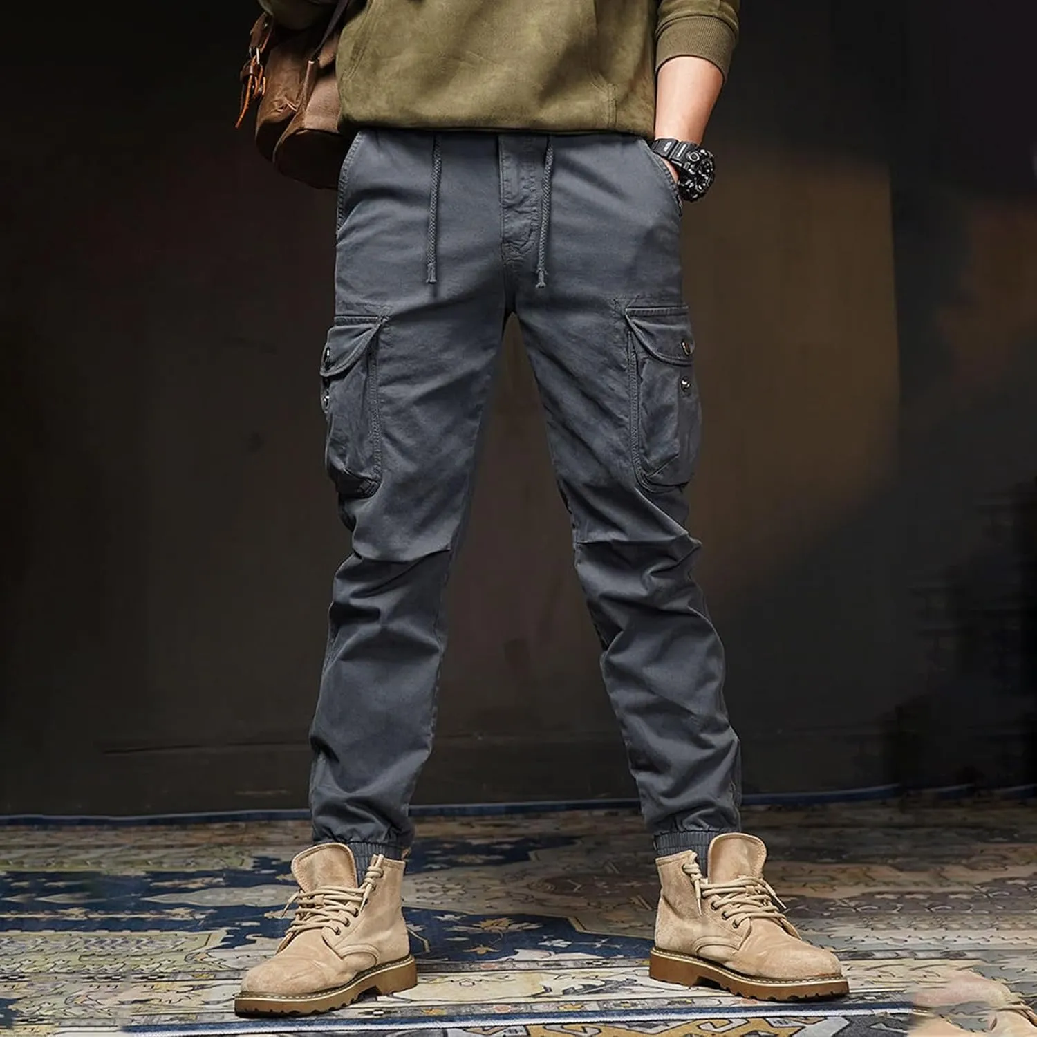 Men's Workout Elastic Waist Tactical Cargo Pants Lightweight Straight Casual Work Pants