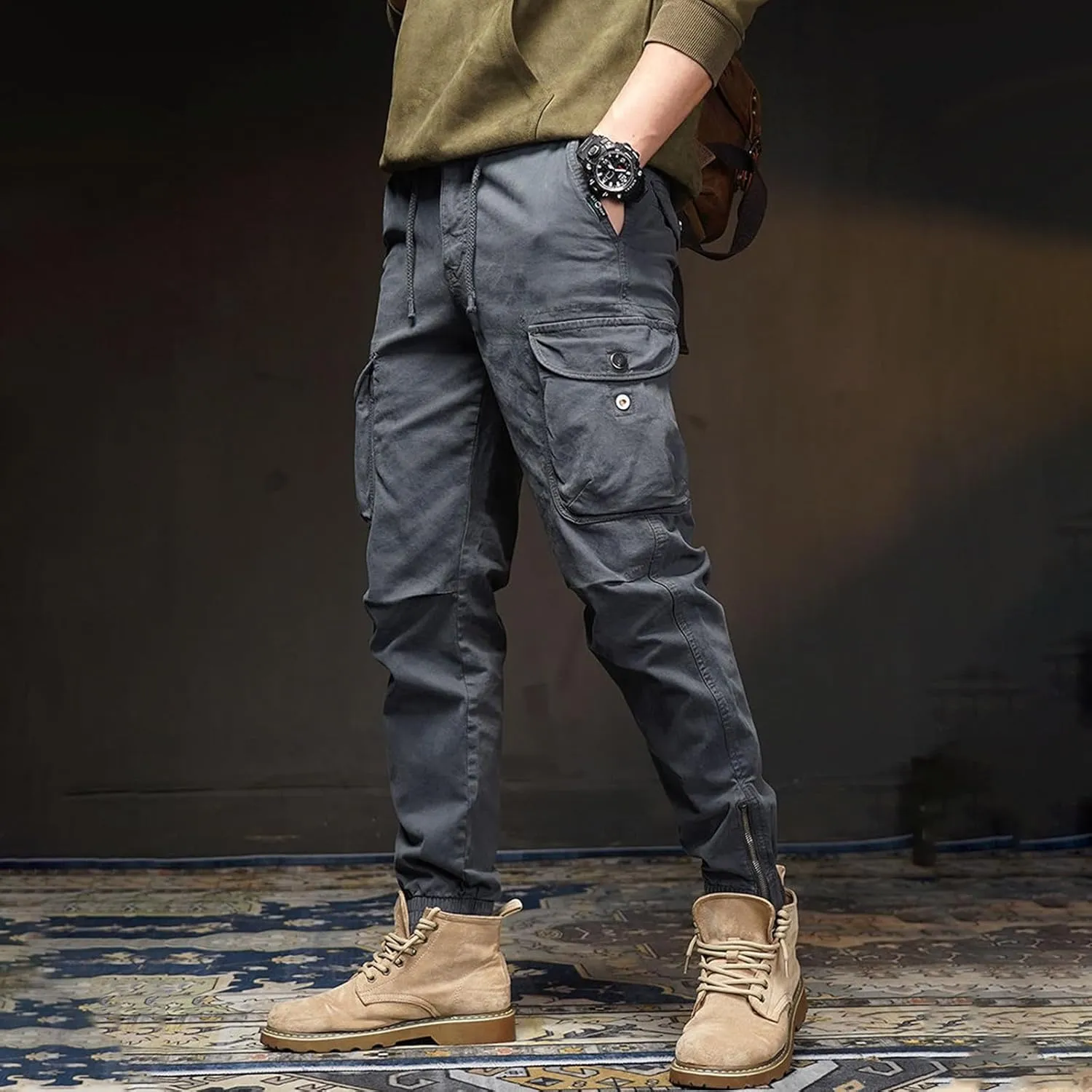 Men's Workout Elastic Waist Tactical Cargo Pants Lightweight Straight Casual Work Pants