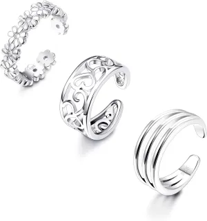 MILACOLATO 3Pcs 925 Sterling Silver Toe Rings for Women 18K White Gold Plated Daisy Cubic Zirconia Cuff Band Open Toe Rings Adjustable Toe Rings Summer Beach Foot Jewelry