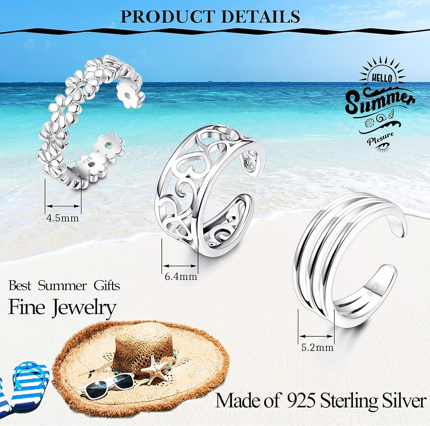 MILACOLATO 3Pcs 925 Sterling Silver Toe Rings for Women 18K White Gold Plated Daisy Cubic Zirconia Cuff Band Open Toe Rings Adjustable Toe Rings Summer Beach Foot Jewelry