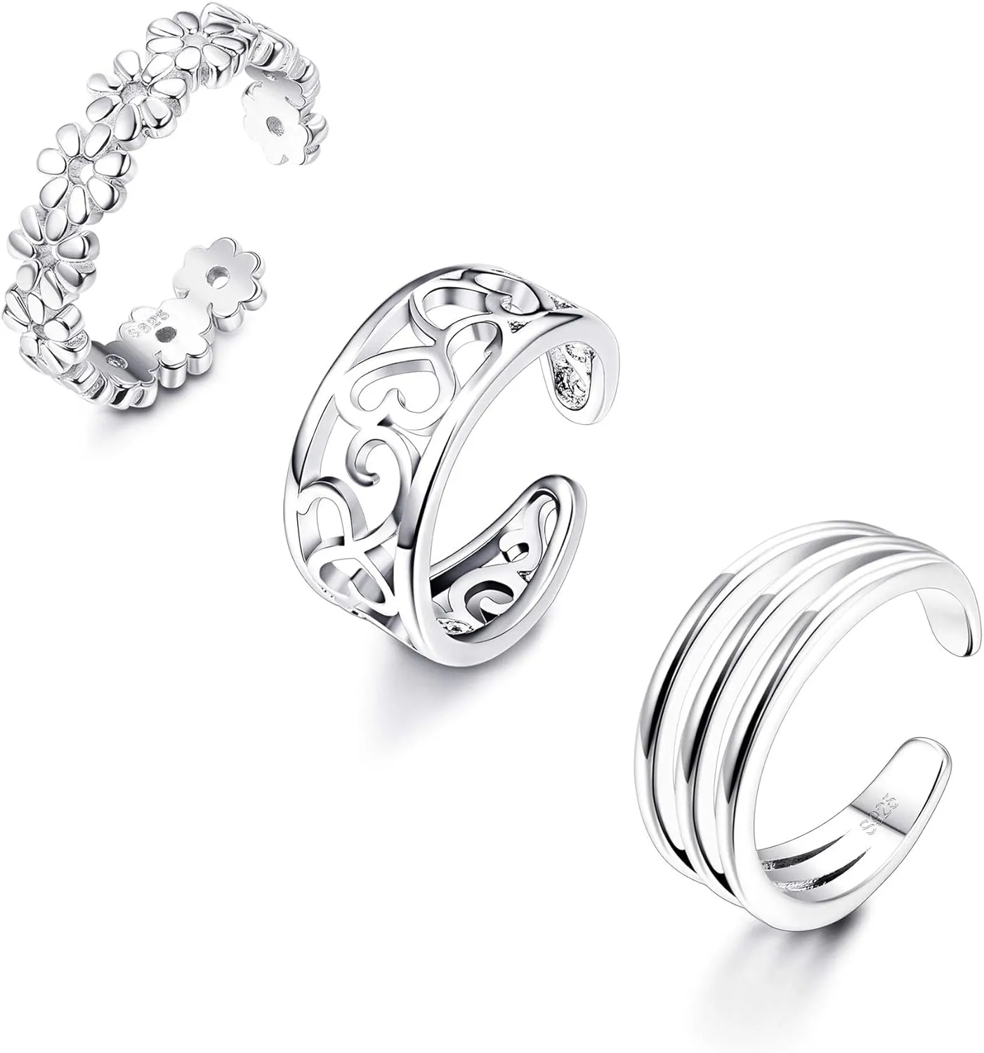 MILACOLATO 3Pcs 925 Sterling Silver Toe Rings for Women 18K White Gold Plated Daisy Cubic Zirconia Cuff Band Open Toe Rings Adjustable Toe Rings Summer Beach Foot Jewelry