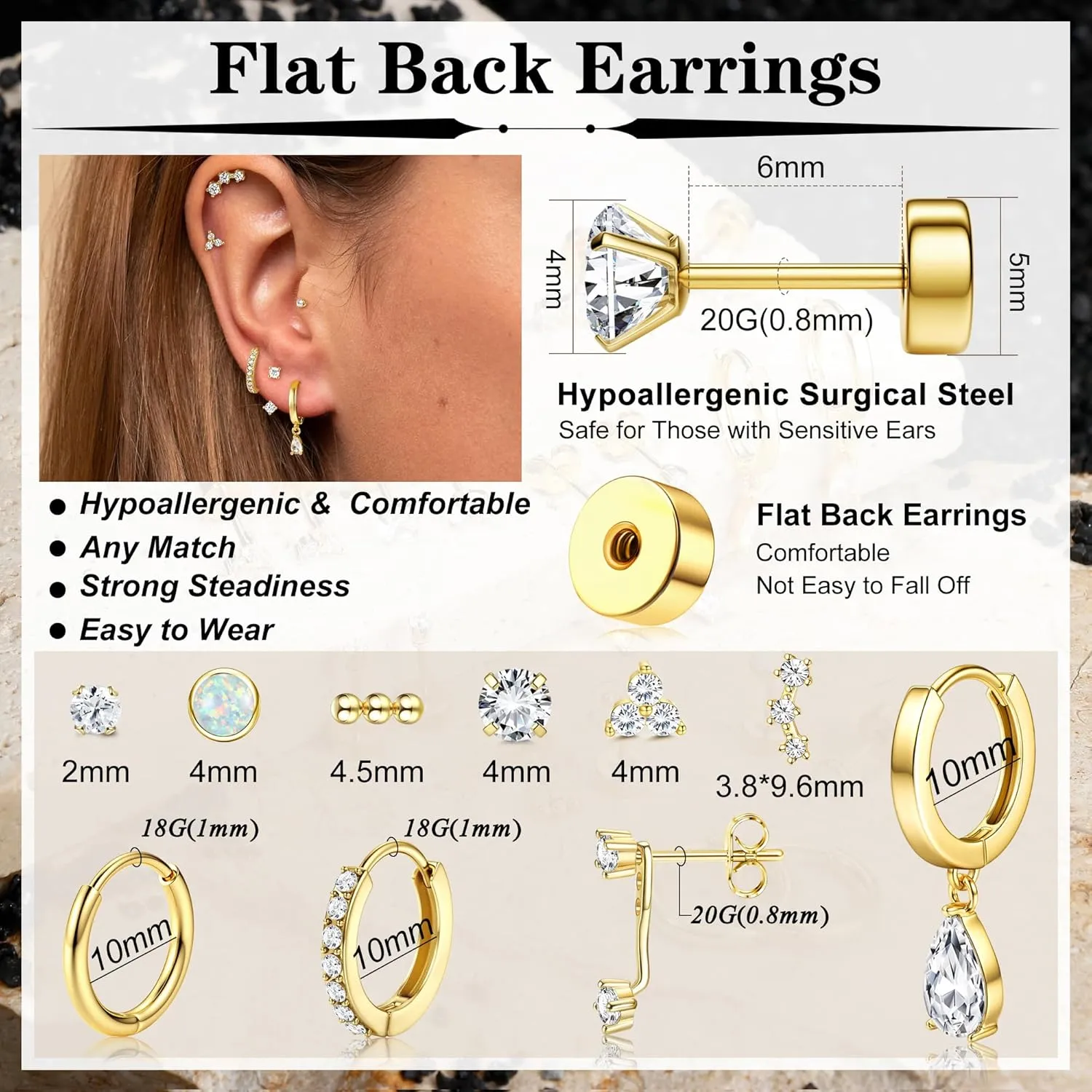 MILACOLATO Hypoallergenic Flat Back Earrings Gold Cartilage Earring Sets for Multiple Piercing 20G Surgical Stainless Steel Earrings for Women Trendy Earring Stacks Small Hoop Flatback Stud Earrings