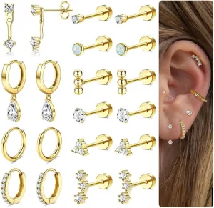 MILACOLATO Hypoallergenic Flat Back Earrings Gold Cartilage Earring Sets for Multiple Piercing 20G Surgical Stainless Steel Earrings for Women Trendy Earring Stacks Small Hoop Flatback Stud Earrings