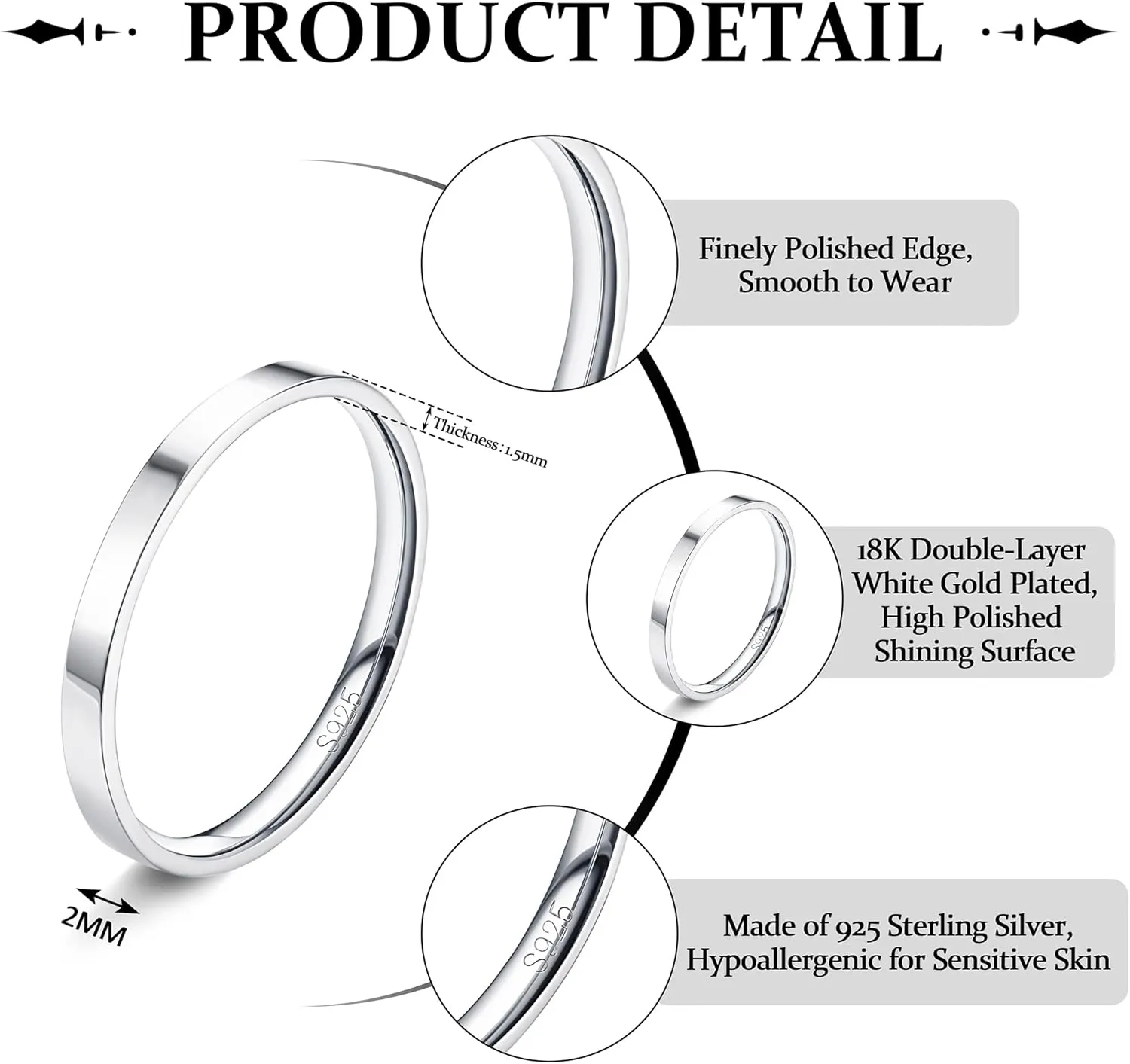 MILACOLATO S925 Sterling Silver Rings for Women Men 18K White Gold Plated Stackable Statement Thin Plain Thumb Ring High Polished Wedding Band Ring Comfort Fit Size 4 to 12, 1mm 2mm 3mm 4mm 6mm
