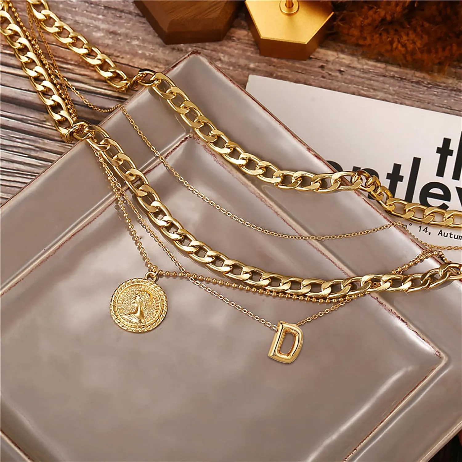 MJartoria Gold Layered Necklaces for Women Trendy Balloon Initial Pendant Necklace Dainty Chunky Chain Choker Necklaces Jewelry Birthday Gifts