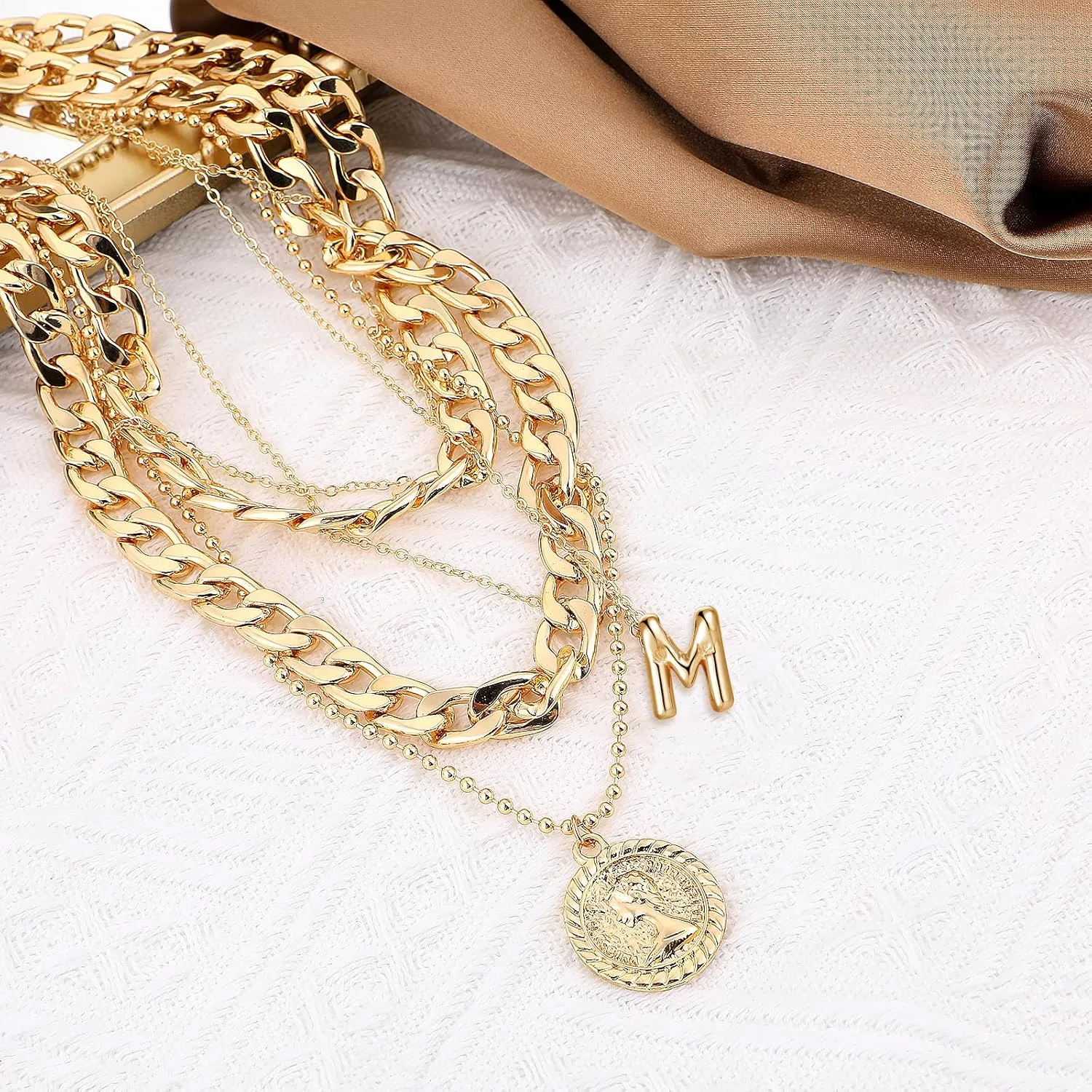 MJartoria Gold Layered Necklaces for Women Trendy Balloon Initial Pendant Necklace Dainty Chunky Chain Choker Necklaces Jewelry Birthday Gifts