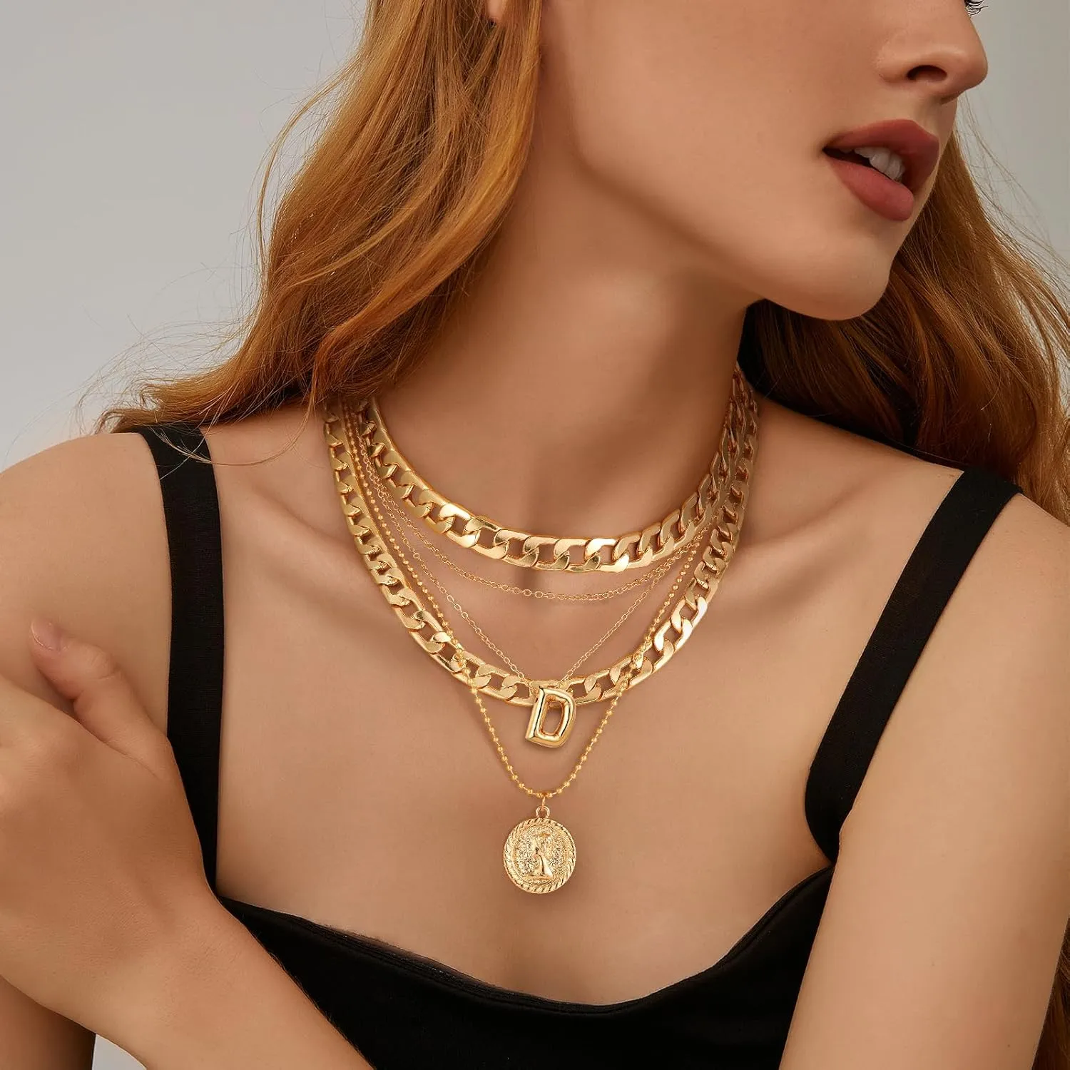 MJartoria Gold Layered Necklaces for Women Trendy Balloon Initial Pendant Necklace Dainty Chunky Chain Choker Necklaces Jewelry Birthday Gifts