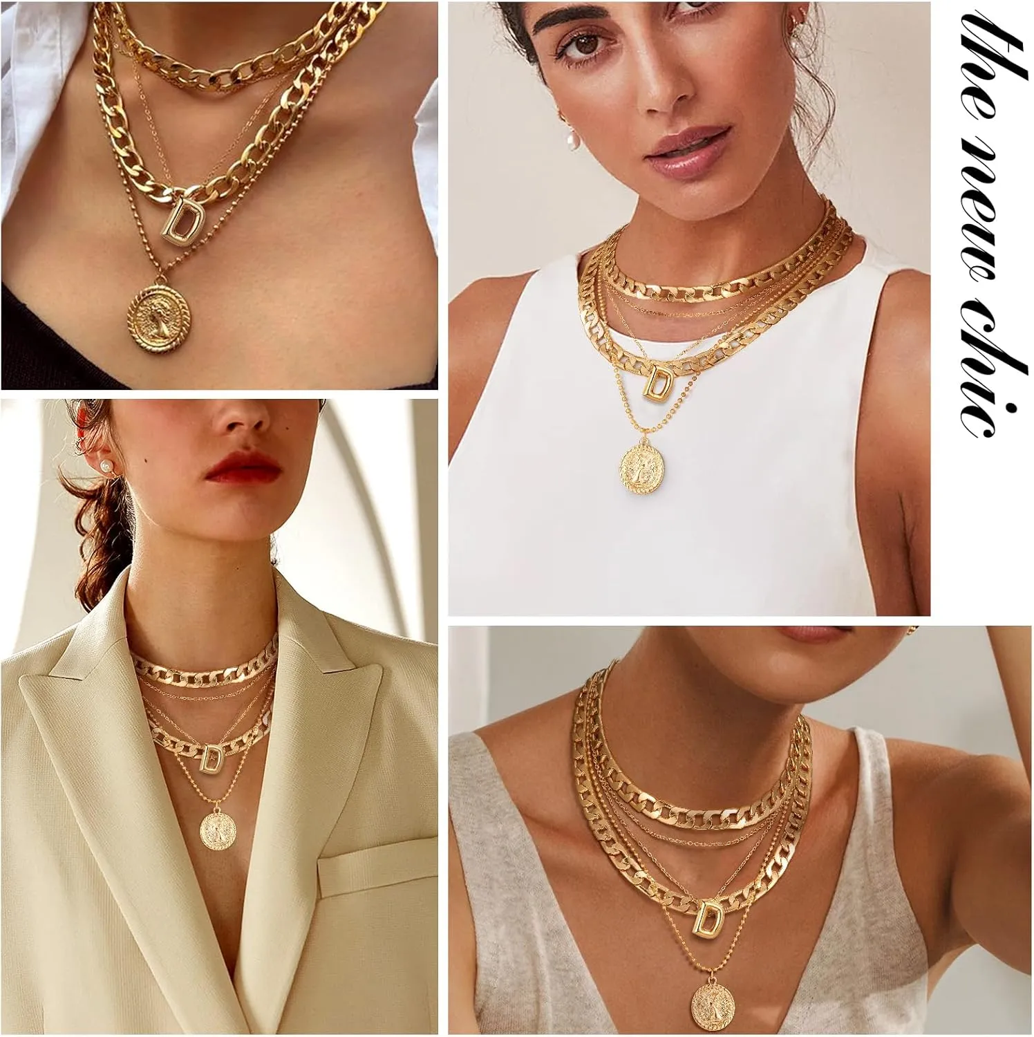 MJartoria Gold Layered Necklaces for Women Trendy Balloon Initial Pendant Necklace Dainty Chunky Chain Choker Necklaces Jewelry Birthday Gifts