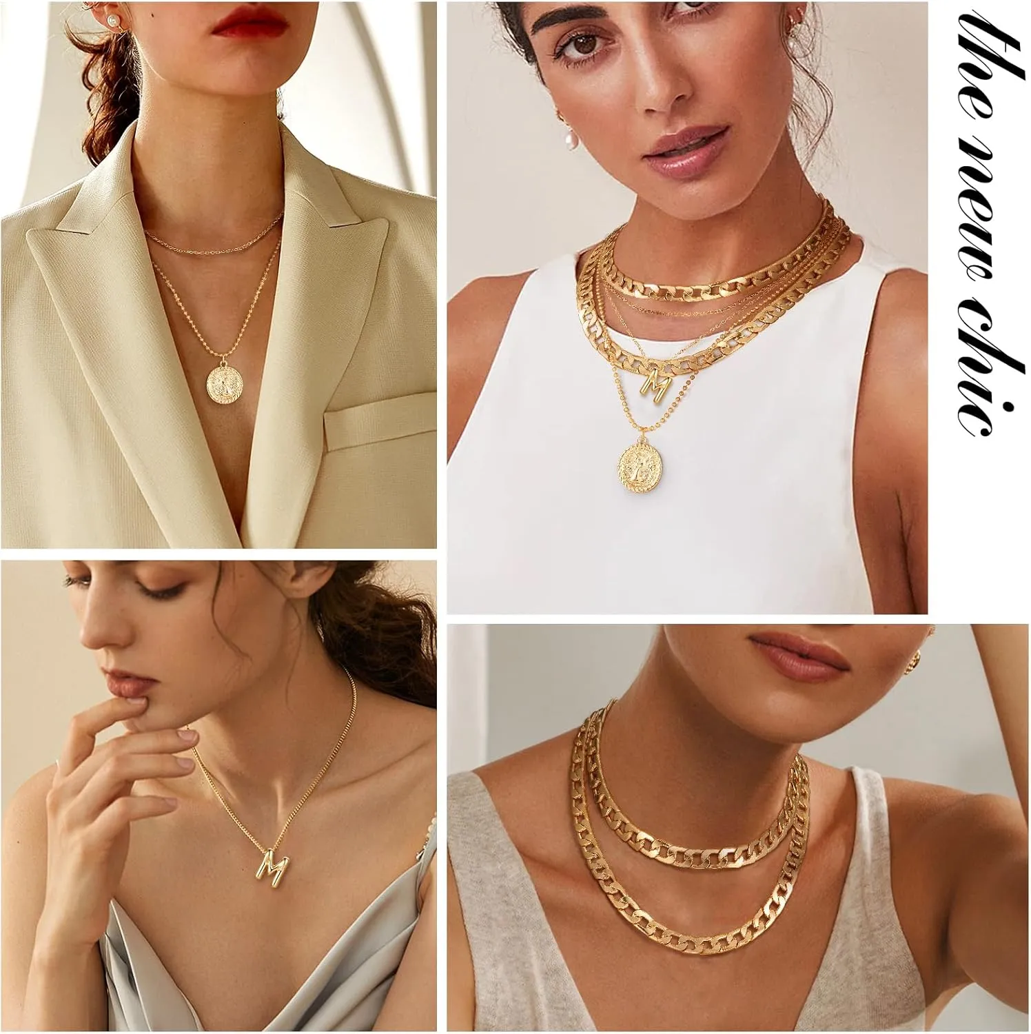 MJartoria Gold Layered Necklaces for Women Trendy Balloon Initial Pendant Necklace Dainty Chunky Chain Choker Necklaces Jewelry Birthday Gifts