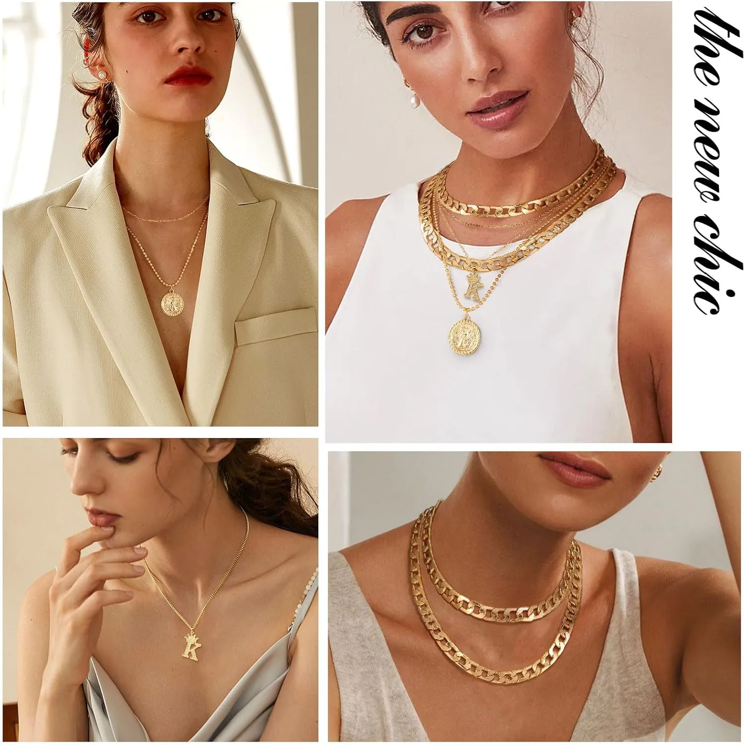 MJartoria Gold Layered Necklaces for Women Trendy Retro Coin Crown Letter Pendant Necklace Dainty Chunky Chain Choker Necklaces for Jewelry Birthday Gifts