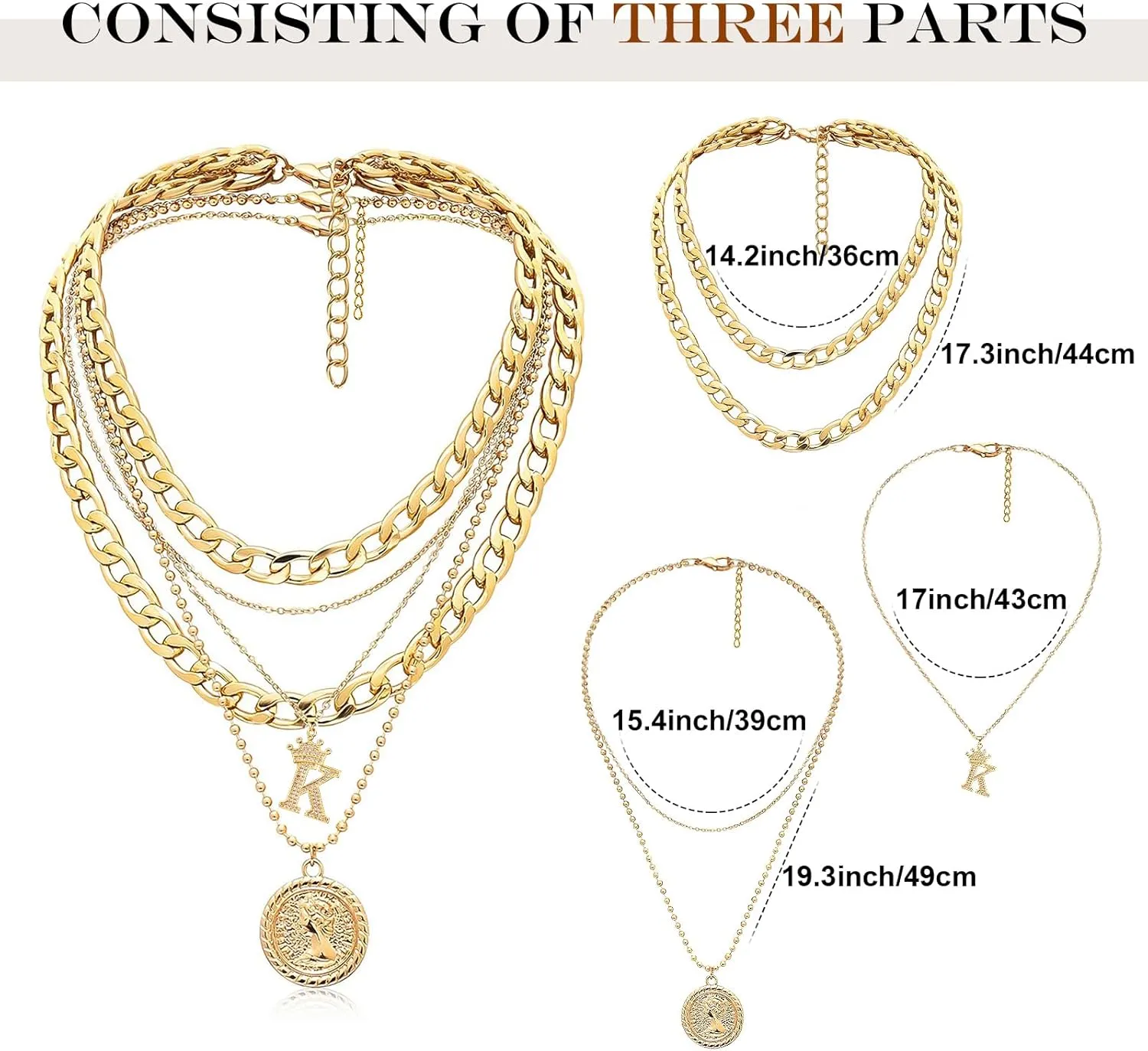 MJartoria Gold Layered Necklaces for Women Trendy Retro Coin Crown Letter Pendant Necklace Dainty Chunky Chain Choker Necklaces for Jewelry Birthday Gifts
