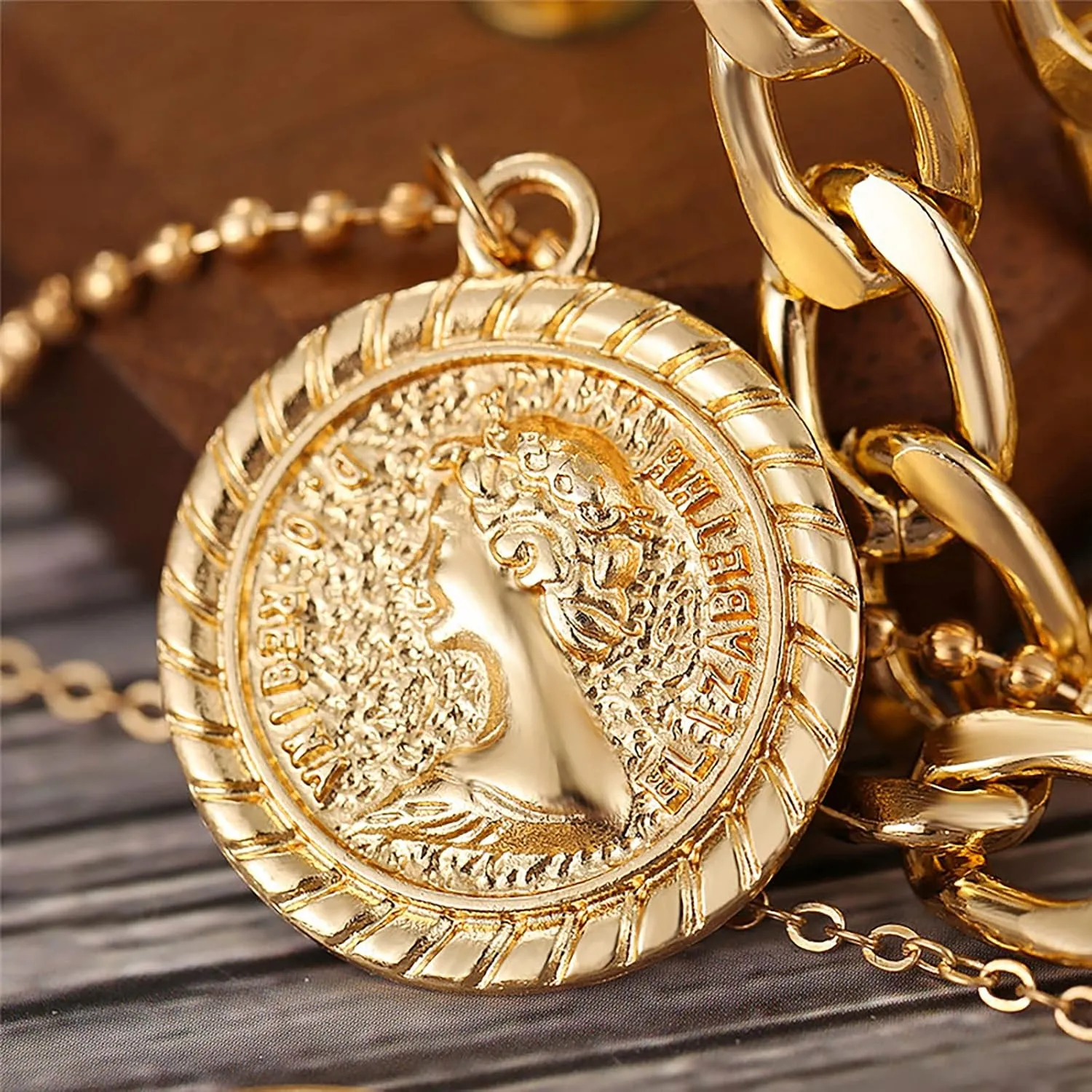 MJartoria Gold Layered Necklaces for Women Trendy Retro Coin Crown Letter Pendant Necklace Dainty Chunky Chain Choker Necklaces for Jewelry Birthday Gifts