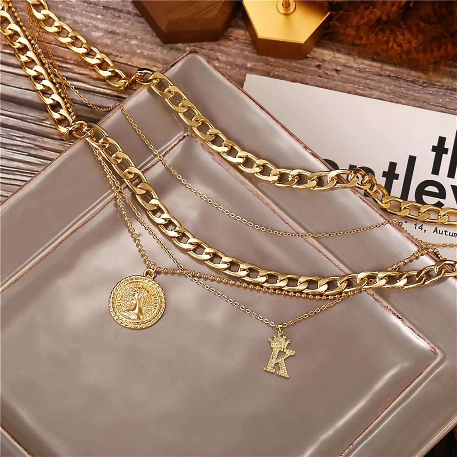 MJartoria Gold Layered Necklaces for Women Trendy Retro Coin Crown Letter Pendant Necklace Dainty Chunky Chain Choker Necklaces for Jewelry Birthday Gifts