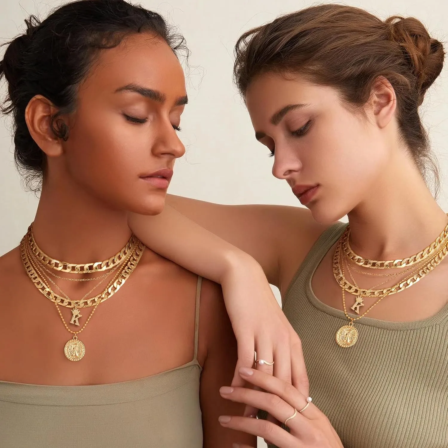 MJartoria Gold Layered Necklaces for Women Trendy Retro Coin Crown Letter Pendant Necklace Dainty Chunky Chain Choker Necklaces for Jewelry Birthday Gifts