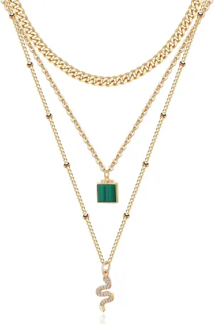 MJartoria Gold Layered Necklaces for Women Trendy Retro Emerald Pendant and Snake Pendant Necklace Dainty Chunky Chain Choker Necklaces Jewelry Birthday Gifts