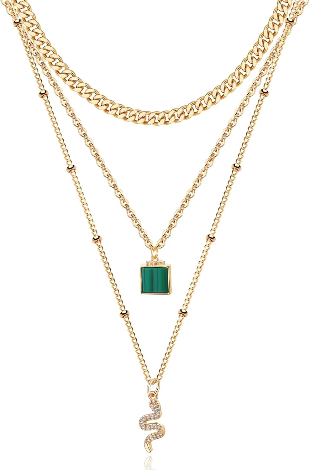 MJartoria Gold Layered Necklaces for Women Trendy Retro Emerald Pendant and Snake Pendant Necklace Dainty Chunky Chain Choker Necklaces Jewelry Birthday Gifts