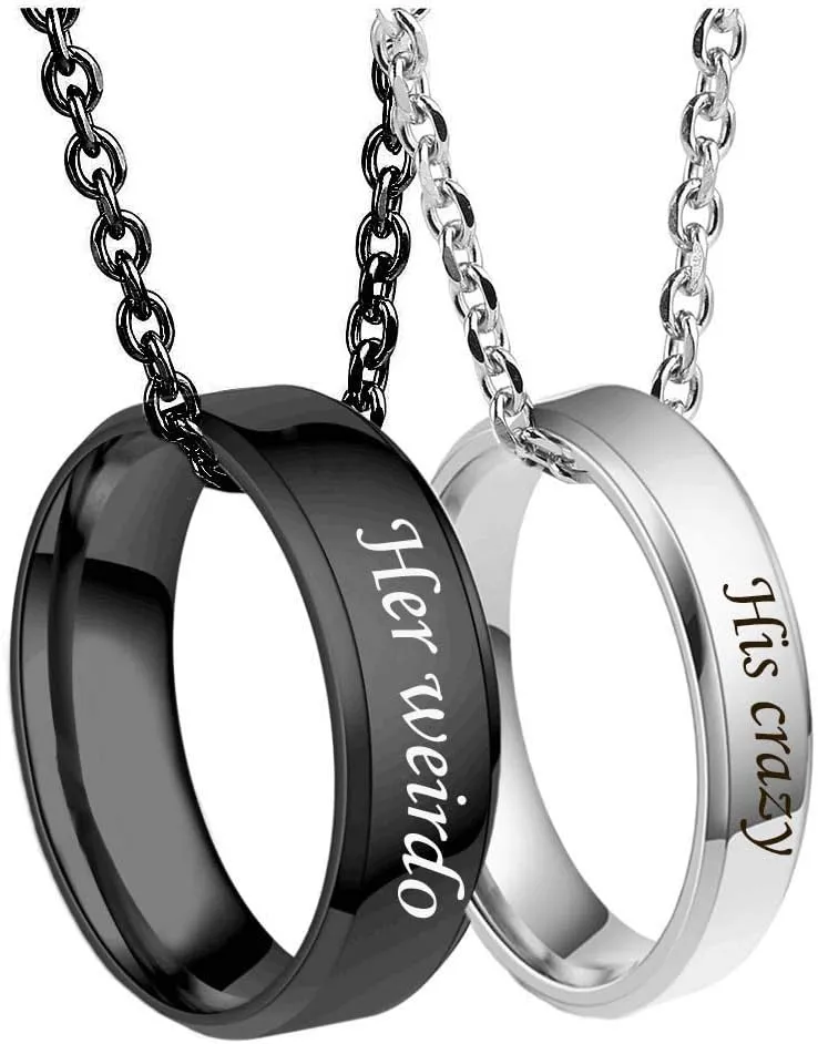 MJartoria Matching Necklaces for Couples-His and Her Engraved Ring Pendant Necklaces Anniversary Valentines Gifts for Boyfriends Girlfriends