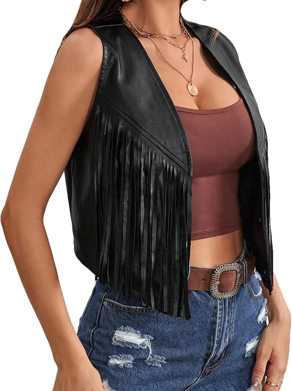 Muineobuka Women Leather Fringe Sleeveless Crop Vest Western Cowgirl Tassel Open Front 70s Vintage Hippie Jacket