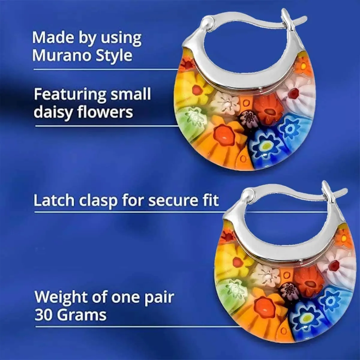 Murano Style Glass Hoop Earrings for Women Trendy Daisy Flower Stainless Steel Dangle Fun Vibrant Colors Teacher Glass Jewelry Unique Birthday Gifts for Women Birthday Anniversary 11.6 Gms