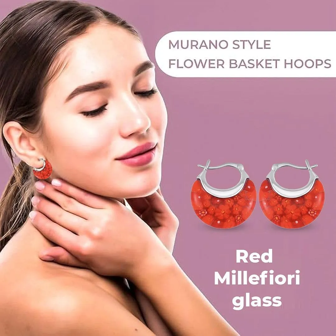 Murano Style Glass Hoop Earrings for Women Trendy Daisy Flower Stainless Steel Dangle Fun Vibrant Colors Teacher Glass Jewelry Unique Birthday Gifts for Women Birthday Anniversary 11.6 Gms