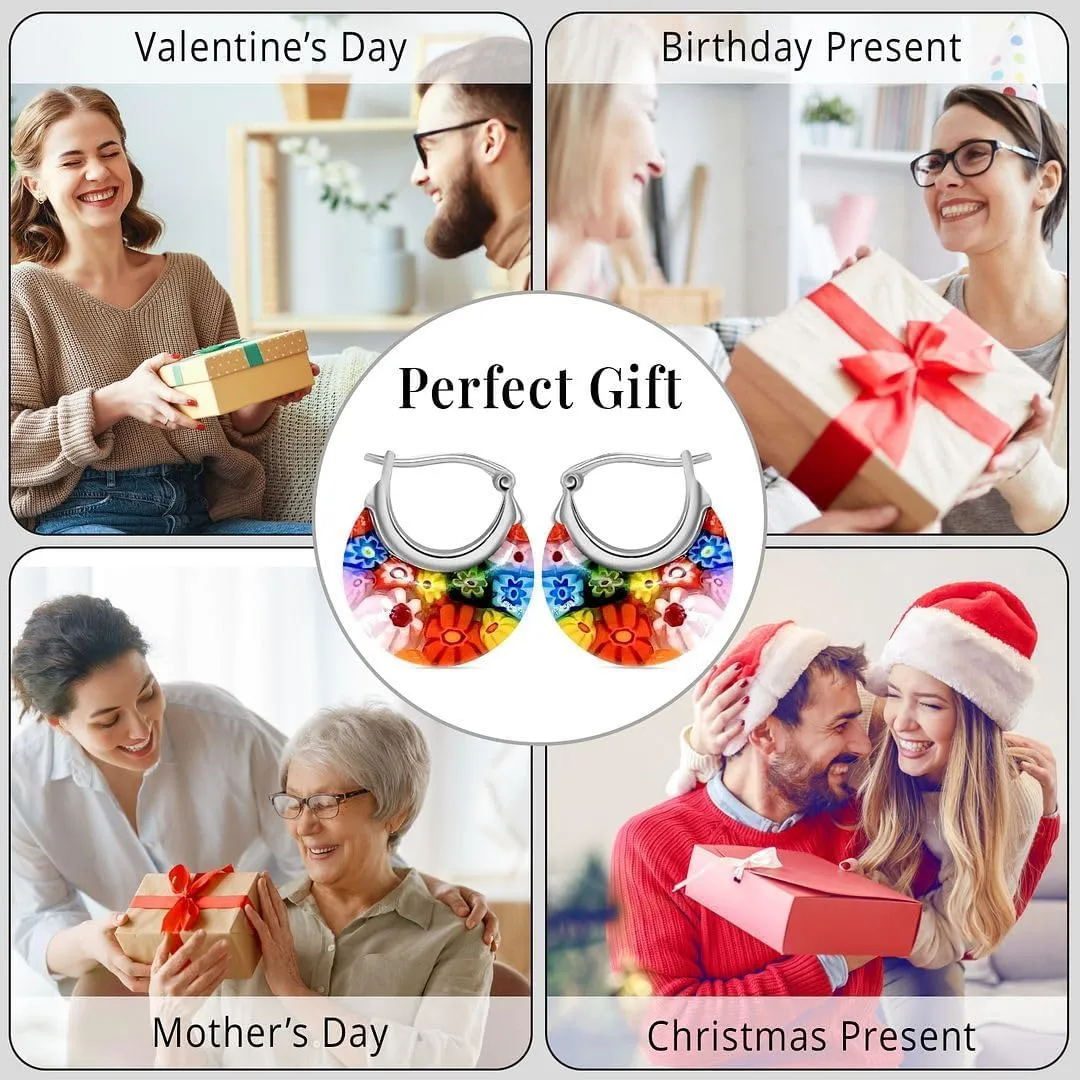 Murano Style Glass Hoop Earrings for Women Trendy Daisy Flower Stainless Steel Dangle Fun Vibrant Colors Teacher Glass Jewelry Unique Birthday Gifts for Women Birthday Anniversary 11.6 Gms