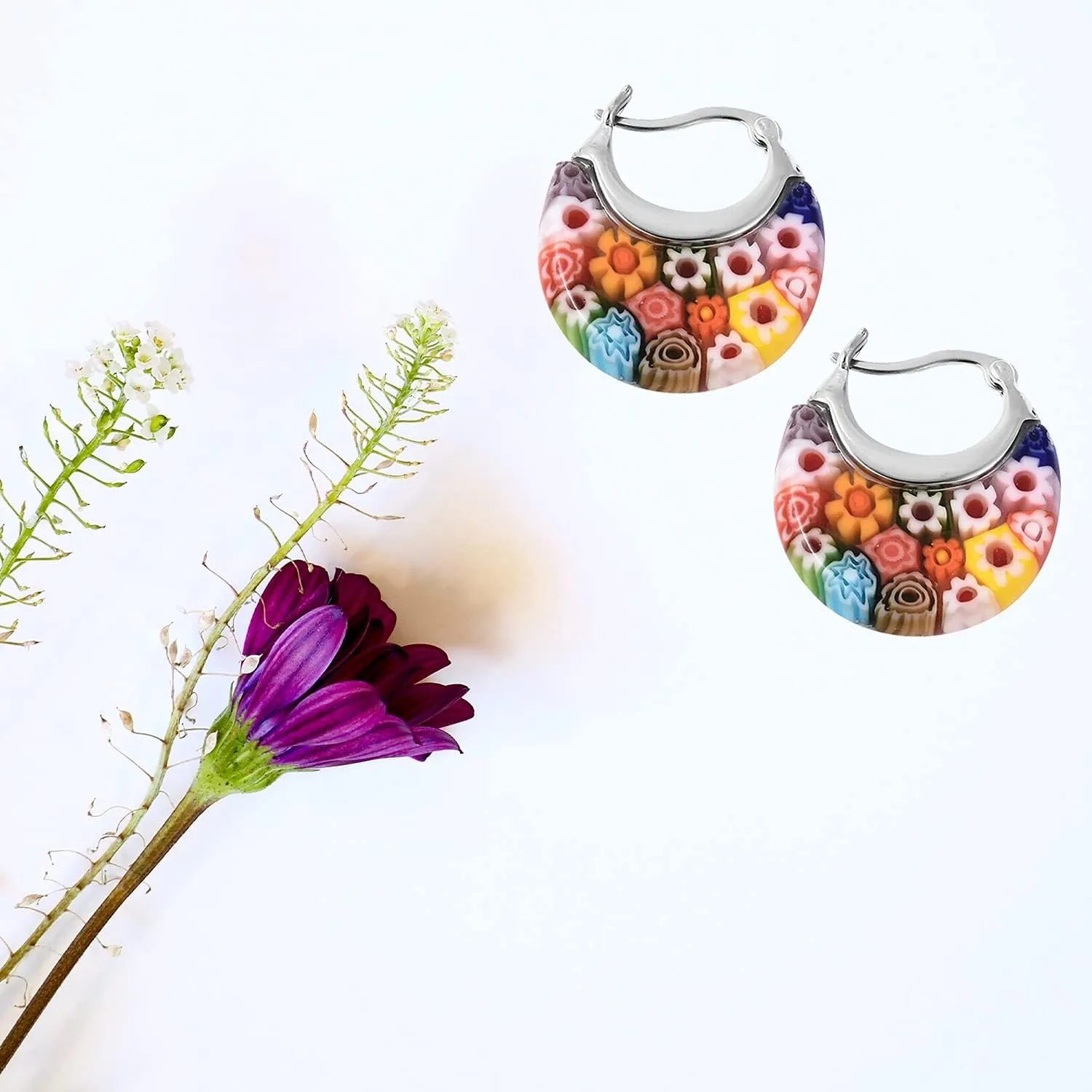 Murano Style Glass Hoop Earrings for Women Trendy Daisy Flower Stainless Steel Dangle Fun Vibrant Colors Teacher Glass Jewelry Unique Birthday Gifts for Women Birthday Anniversary 11.6 Gms