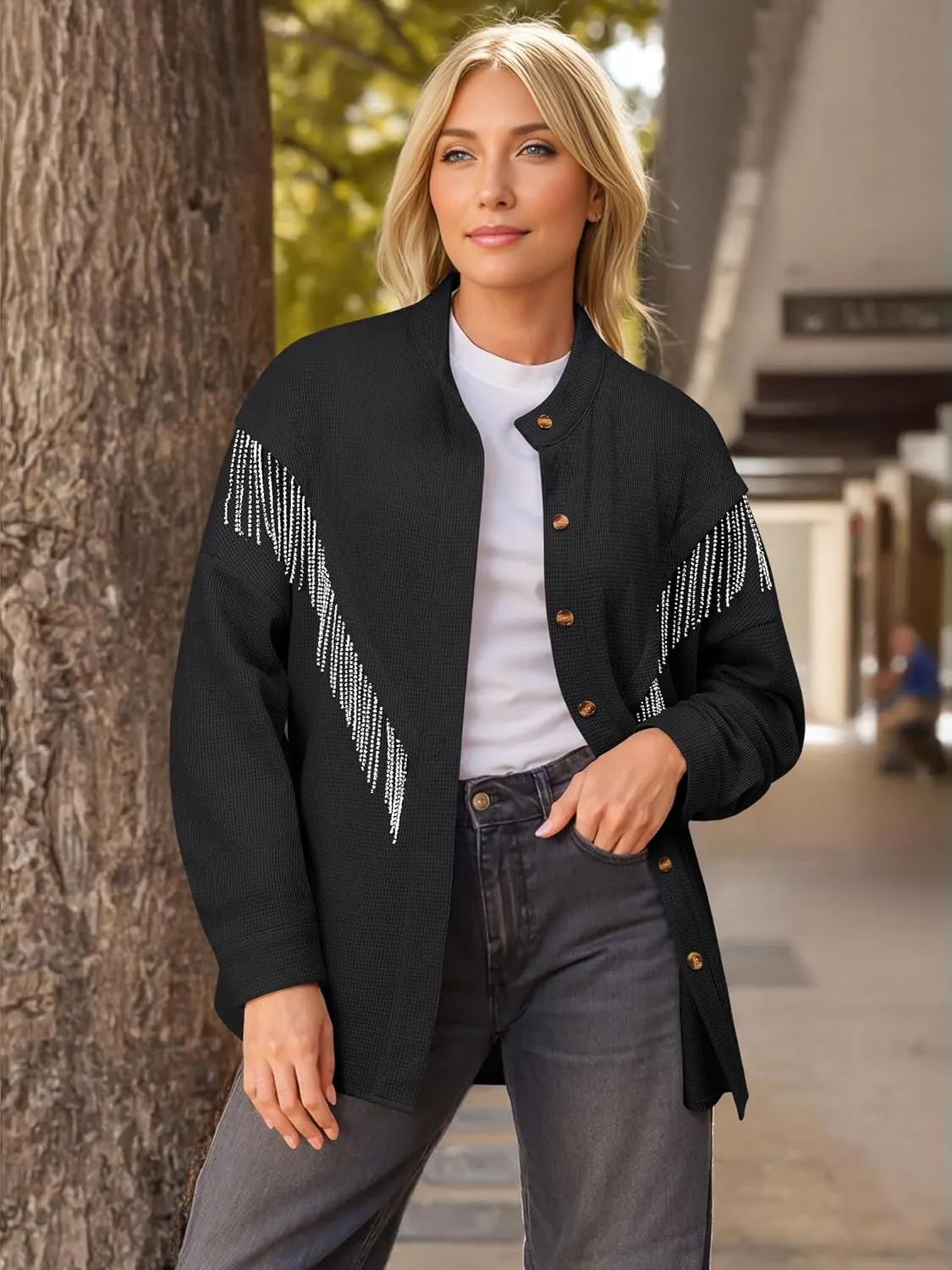 MYMORE Women's Sparkly Rhinestone Fringe Shacket Jacket Waffle Glitter Tassel Shirt Western Cowgirl Country Concert Outfits