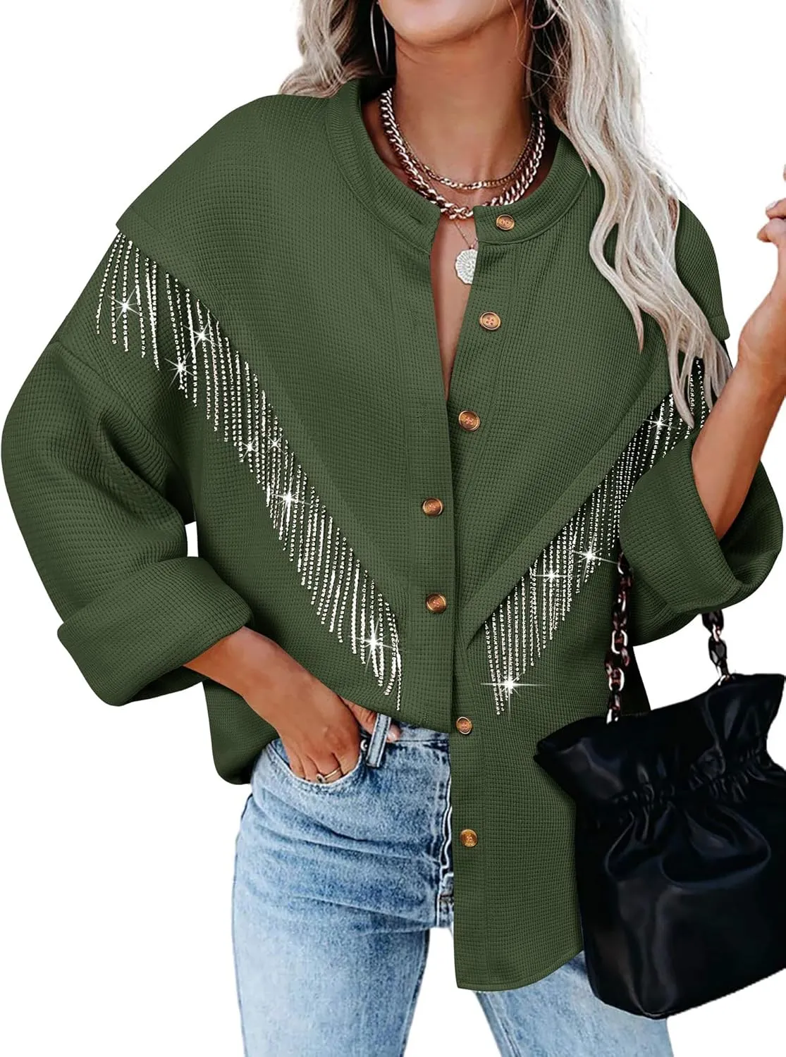 MYMORE Women's Sparkly Rhinestone Fringe Shacket Jacket Waffle Glitter Tassel Shirt Western Cowgirl Country Concert Outfits