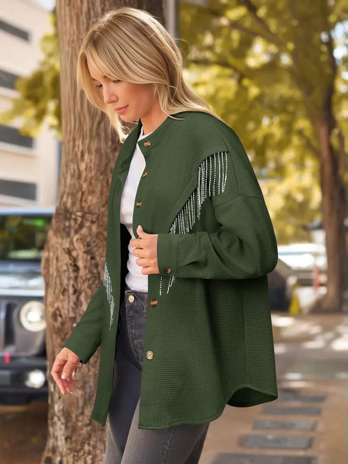 MYMORE Women's Sparkly Rhinestone Fringe Shacket Jacket Waffle Glitter Tassel Shirt Western Cowgirl Country Concert Outfits