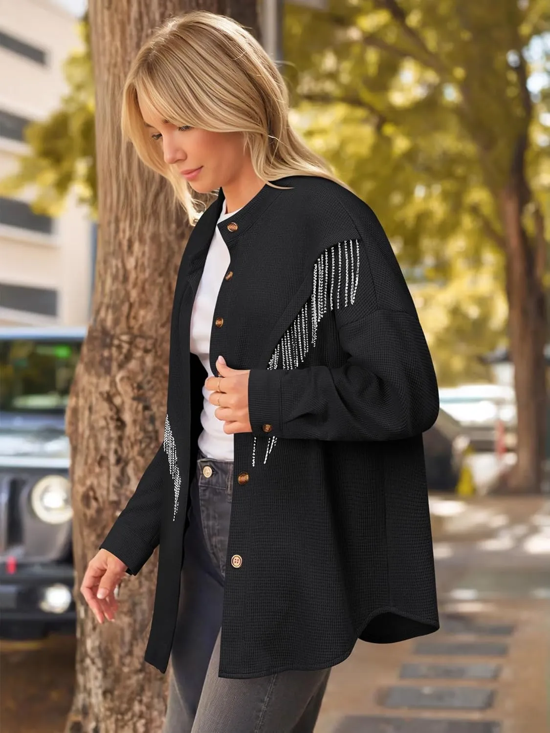 MYMORE Women's Sparkly Rhinestone Fringe Shacket Jacket Waffle Glitter Tassel Shirt Western Cowgirl Country Concert Outfits