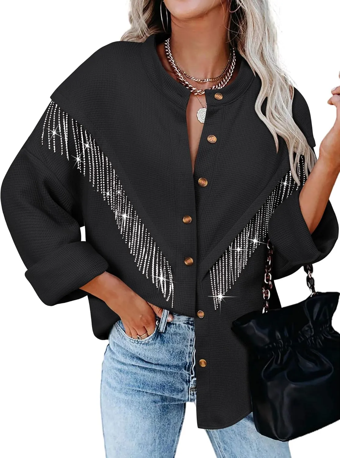 MYMORE Women's Sparkly Rhinestone Fringe Shacket Jacket Waffle Glitter Tassel Shirt Western Cowgirl Country Concert Outfits