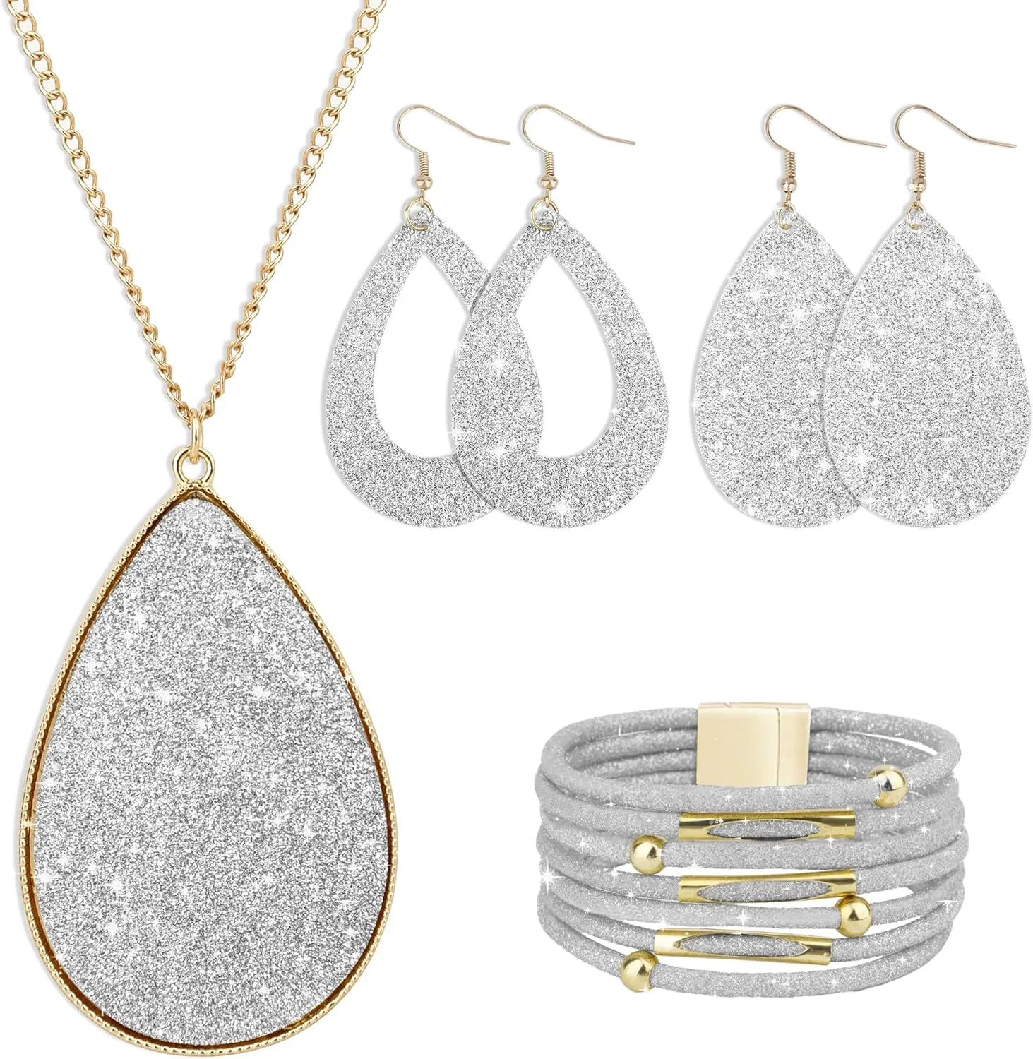 MystiCharm 4 Pieces Women's Glitter Jewelry Set Faux Leather Earrings Necklace Bracelet Christmas Accessories Decoration