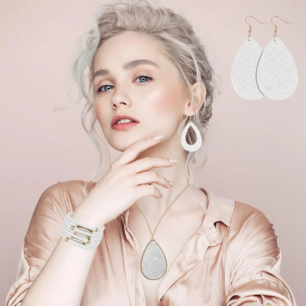 MystiCharm 4 Pieces Women's Glitter Jewelry Set Faux Leather Earrings Necklace Bracelet Christmas Accessories Decoration