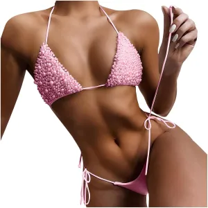 NaRHbrg Women's Sexy 2PCS Bikini Set Handmade Pearl Sequins Tankini Bra Swimsuit Lace Top Swimwear for Beach Praty