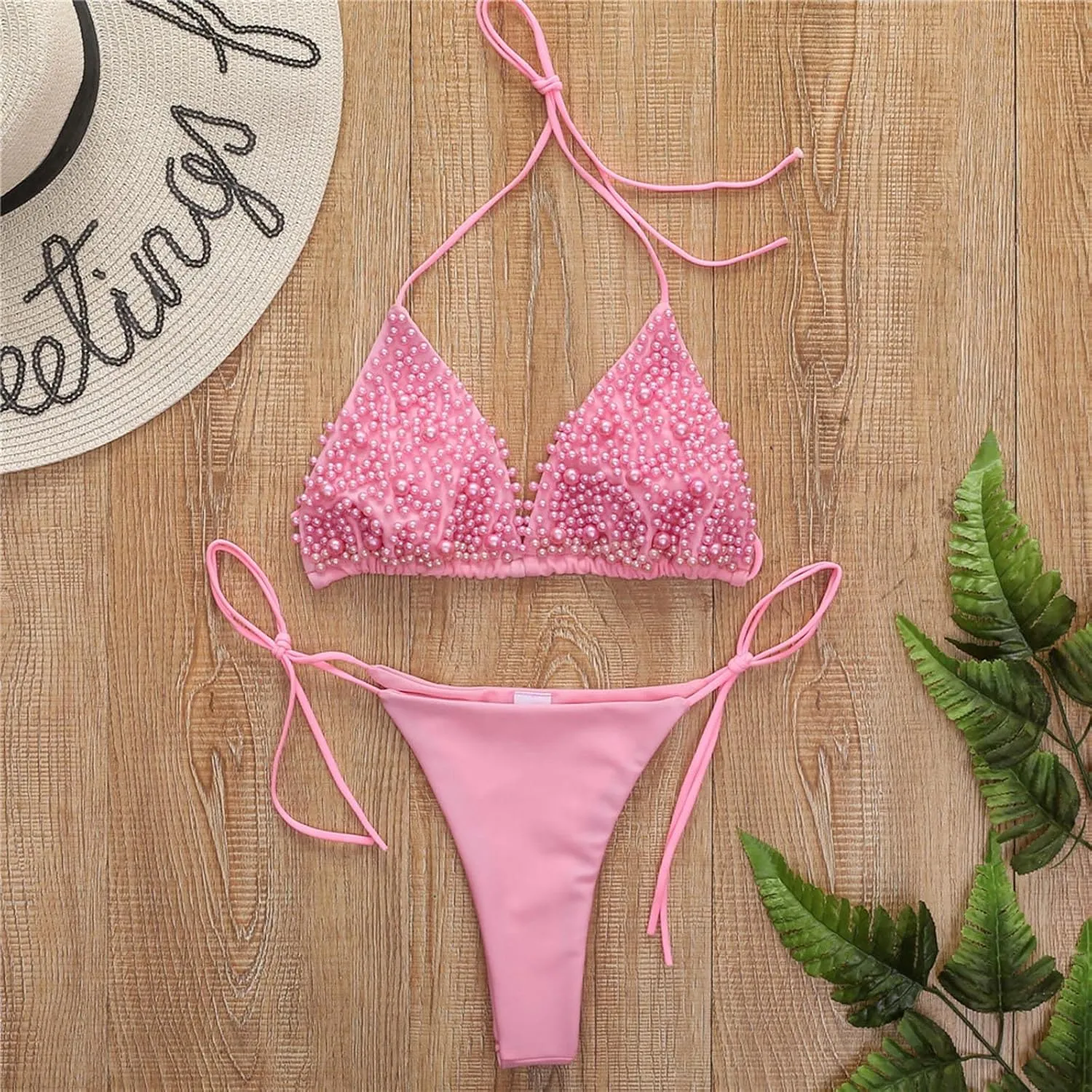 NaRHbrg Women's Sexy 2PCS Bikini Set Handmade Pearl Sequins Tankini Bra Swimsuit Lace Top Swimwear for Beach Praty