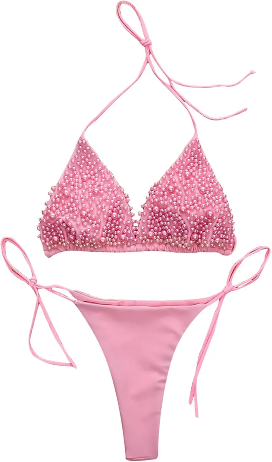 NaRHbrg Women's Sexy 2PCS Bikini Set Handmade Pearl Sequins Tankini Bra Swimsuit Lace Top Swimwear for Beach Praty