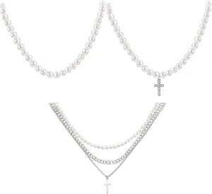 NEWITIN 3 Pieces Pearl Necklaces for Men Pearl Choker Necklaces Cross Pendant Necklace Layered Cross Chain Necklace for Men