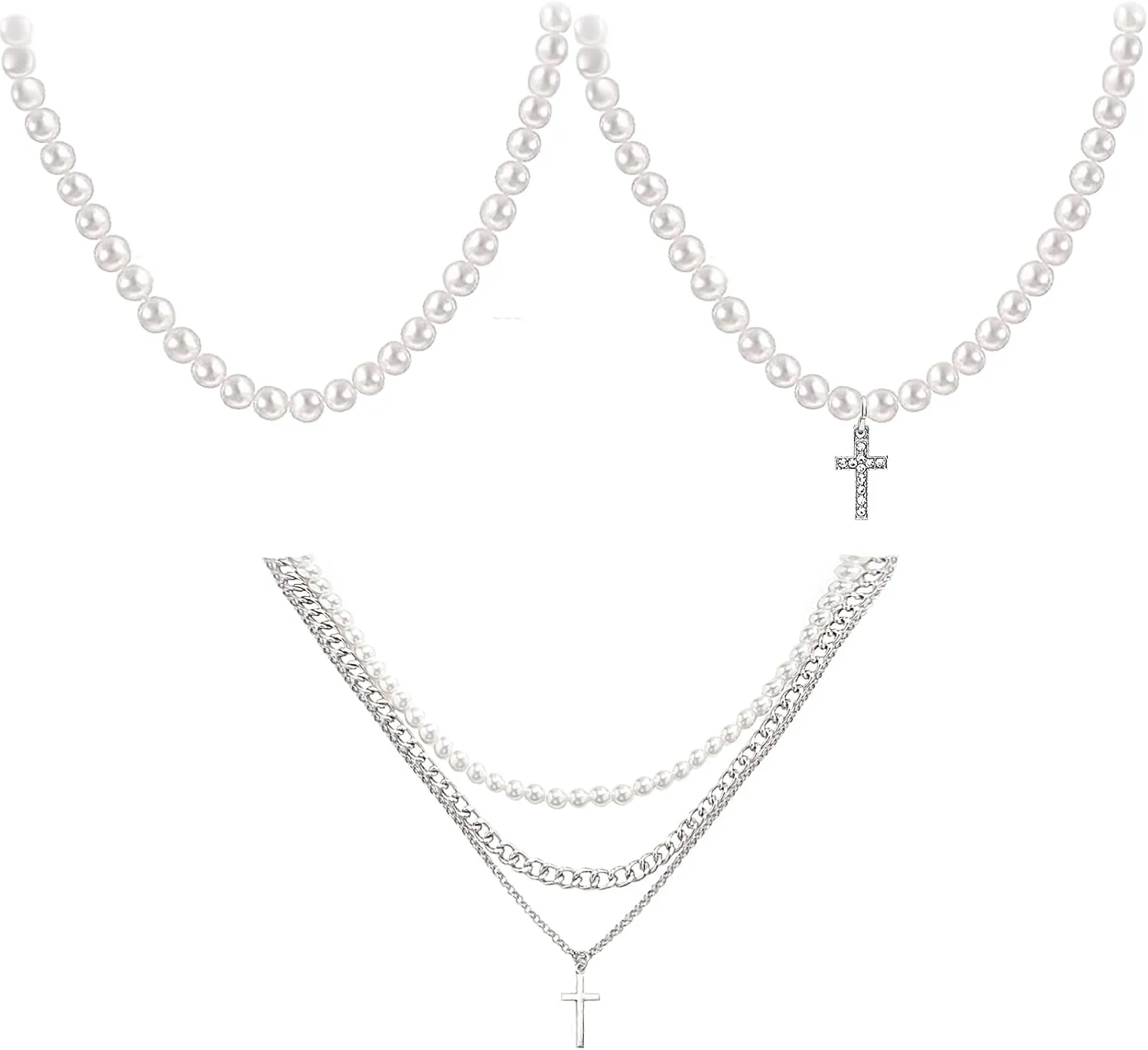 NEWITIN 3 Pieces Pearl Necklaces for Men Pearl Choker Necklaces Cross Pendant Necklace Layered Cross Chain Necklace for Men