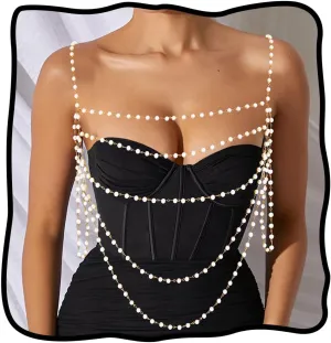 Nicute Pearl Body Chain Pearls Shoulder Chain Boho Bra Chains Beach Body Chains for Women
