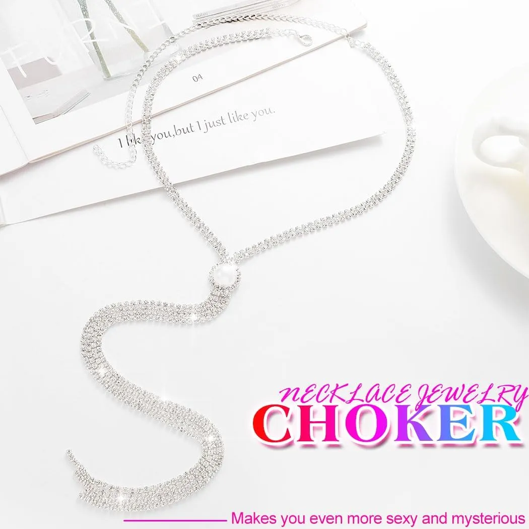 Nicute Rhinestone Y-Necklaces Crystal Long Choker Chain with Pearl Party Choker Necklaces Jewelry for Women
