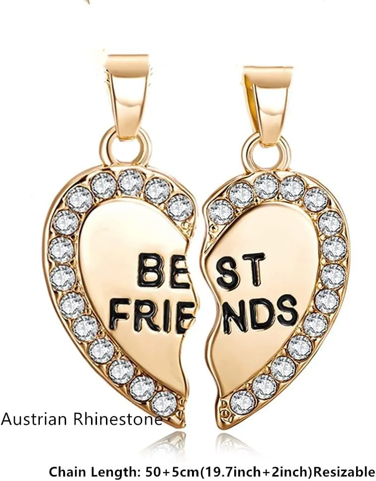 ODETOJOY Best Friends Necklace for 2 BFF Broken Heart Necklace Rhinestone Bestfriends Engraved Letters Pendant