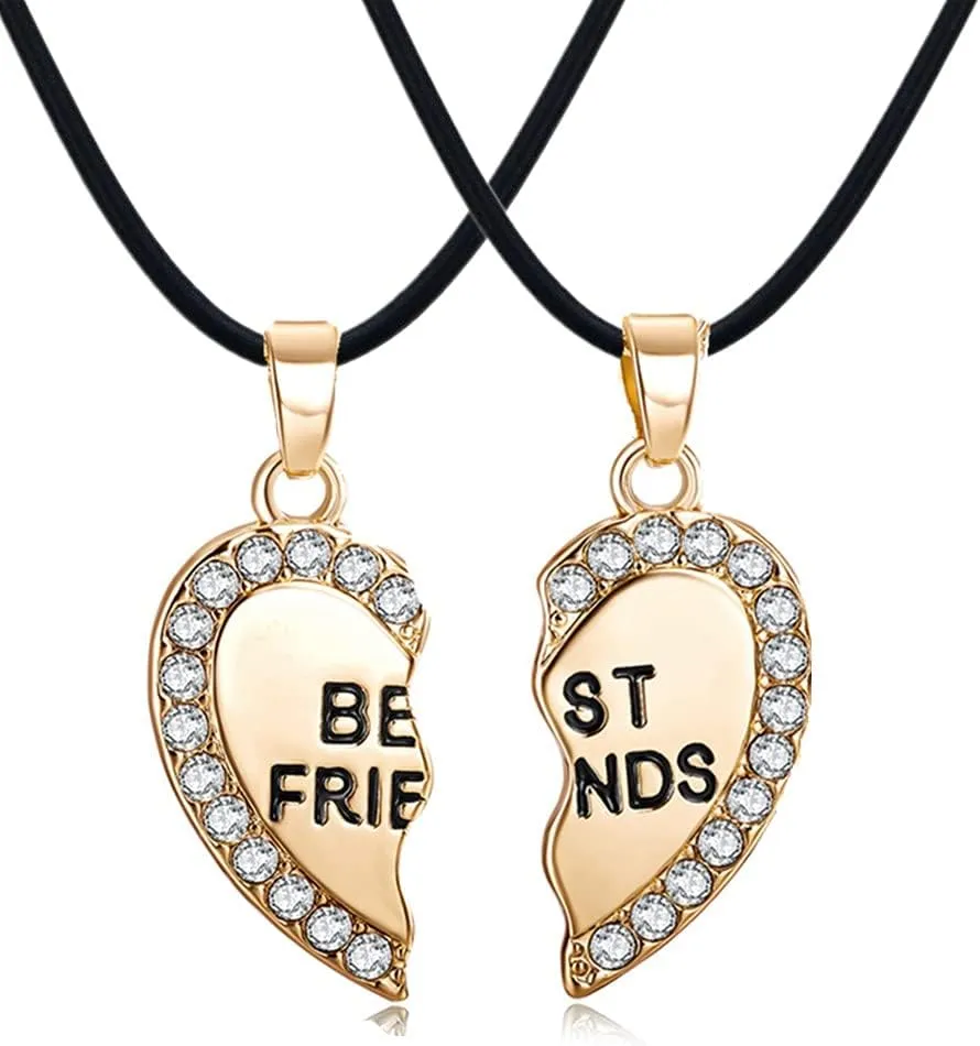 ODETOJOY Best Friends Necklace for 2 BFF Broken Heart Necklace Rhinestone Bestfriends Engraved Letters Pendant