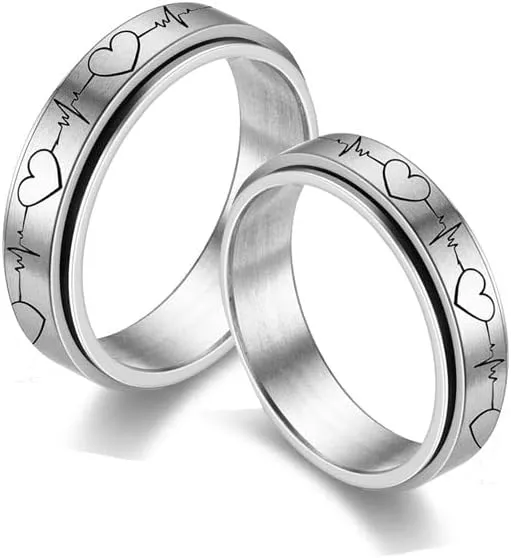 OIDIMS Heartbeat ECG Fidget Rings for Women Men Spinner Anxiety Stress Relief Stainless Steel Stacking Middle Finger Band Couple Wedding Matching Anniversary Valentine's Day Jewelry Gifts Birthday
