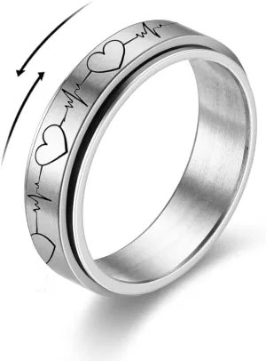 OIDIMS Heartbeat ECG Fidget Rings for Women Men Spinner Anxiety Stress Relief Stainless Steel Stacking Middle Finger Band Couple Wedding Matching Anniversary Valentine's Day Jewelry Gifts Birthday