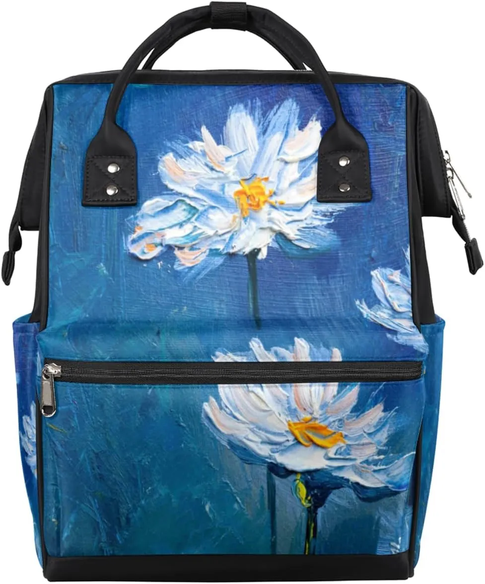 Oil Painting Daisies Flowers Diaper Bag Tote Large Capacity Waterproof with Adjustable Shoulder Strap and Pram Straps Mommy Bag for Hospital Beach Weekender Travel