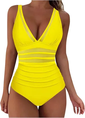 One Piece Swimsuit Women Mesh Tummy Control V Neck High Waist Ruched Pushup Bathing Suit Sexy Beach Vacation Swimwear