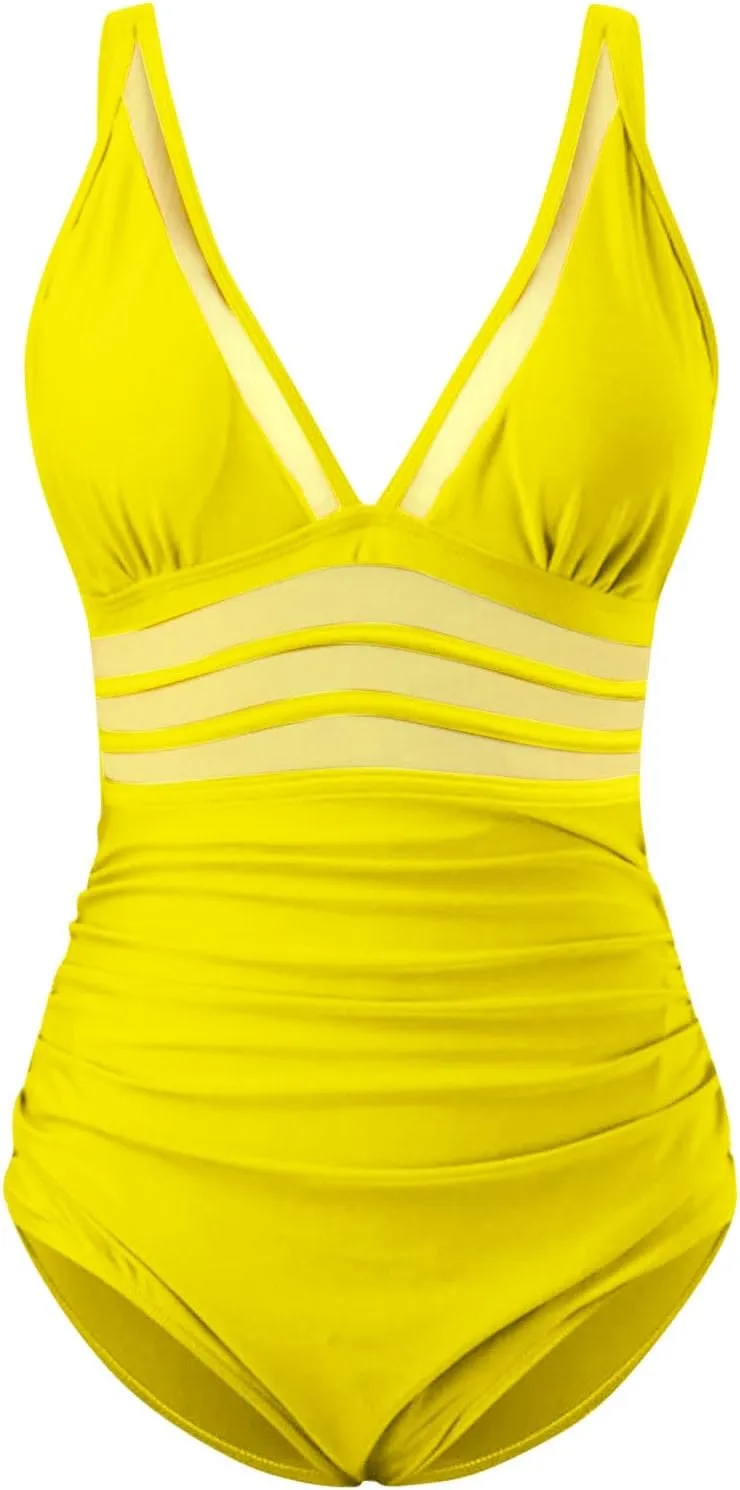 One Piece Swimsuit Women Mesh Tummy Control V Neck High Waist Ruched Pushup Bathing Suit Sexy Beach Vacation Swimwear